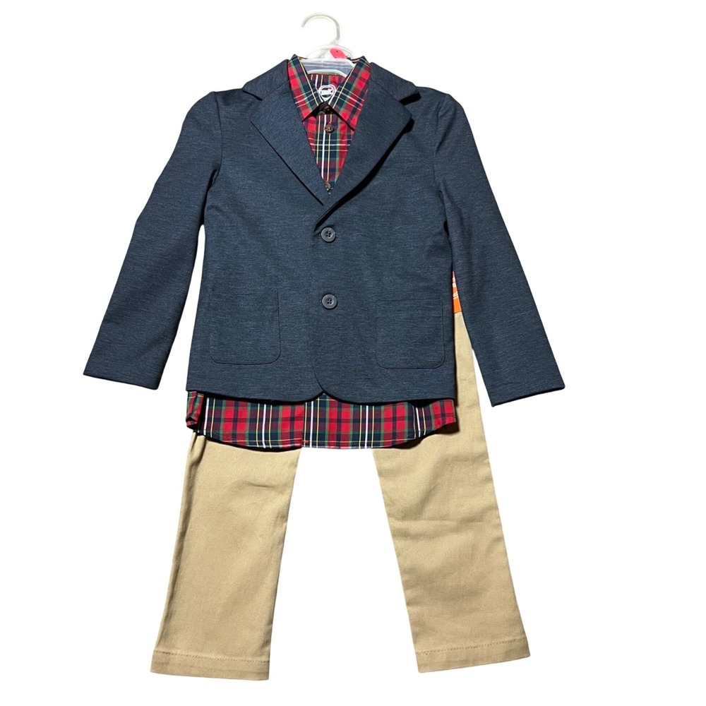 Wonder‎ Nation Boys 3 Piece Suit Dress Set Navy Blazer Plaid Khaki Pants Size 4